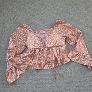 Altard State Baby Doll Top Crop Satin Orange Dot V Neck Ruffle Long Sleeve